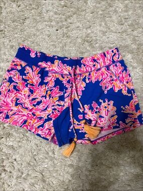 Bright Blue Floral Drawstring Athletic Shorts with Tassels